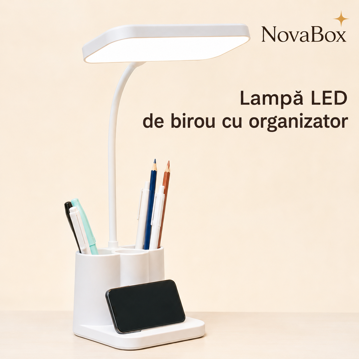 Lampă LED de birou NovaBox cu organizator, suport pentru telefon, lumină reglabilă și baterie reîncărcabilă 4000 mAh