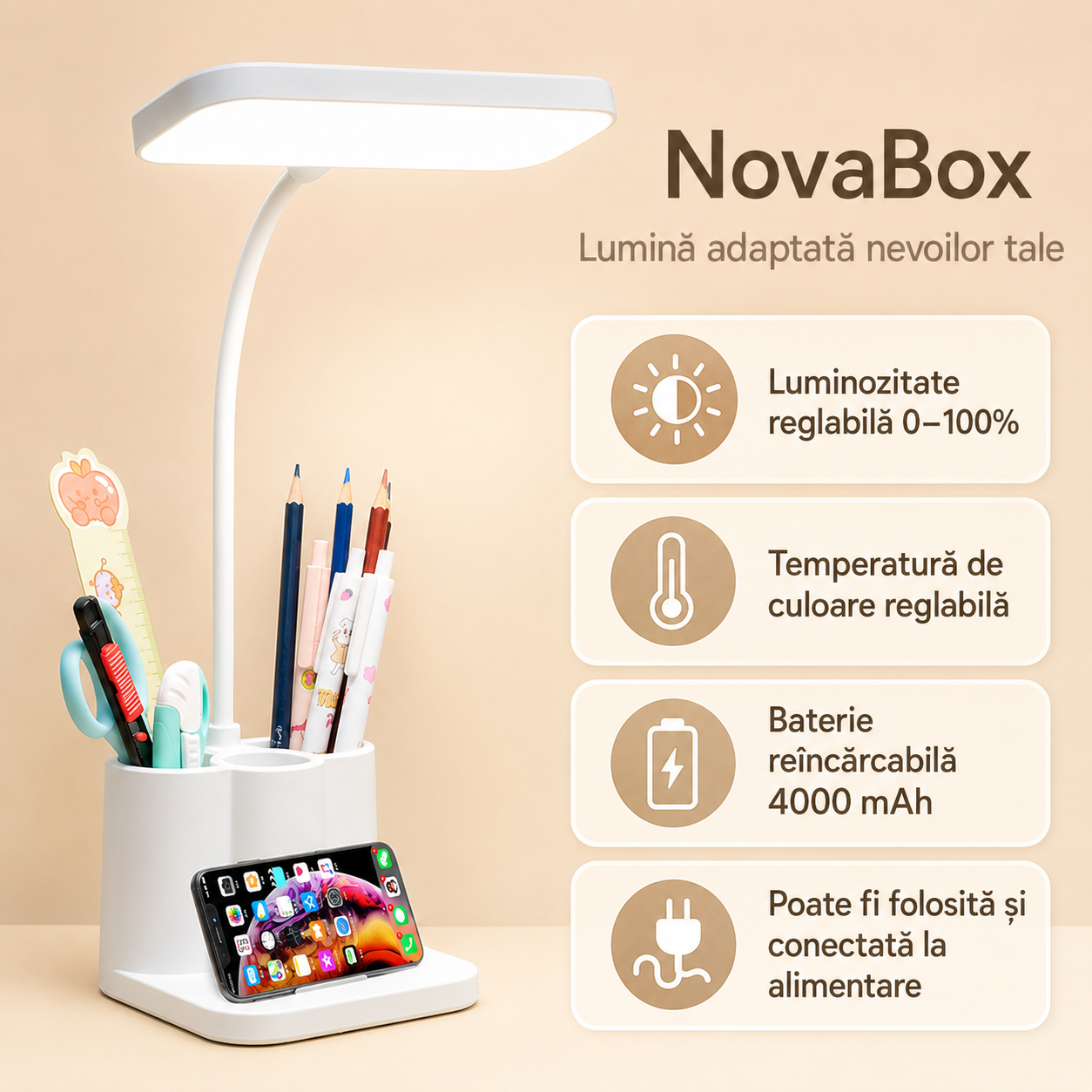 Lampă LED de birou NovaBox cu organizator, suport pentru telefon, lumină reglabilă și baterie reîncărcabilă 4000 mAh