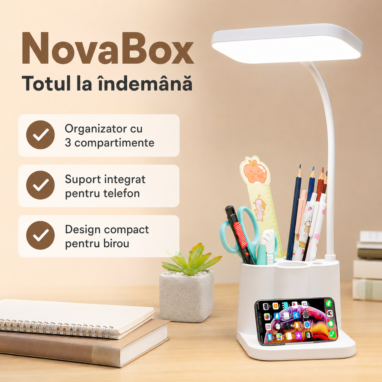 Lampă LED de birou NovaBox cu organizator, suport pentru telefon, lumină reglabilă și baterie reîncărcabilă 4000 mAh