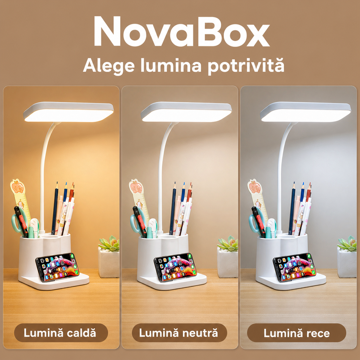 Lampă LED de birou NovaBox cu organizator, suport pentru telefon, lumină reglabilă și baterie reîncărcabilă 4000 mAh