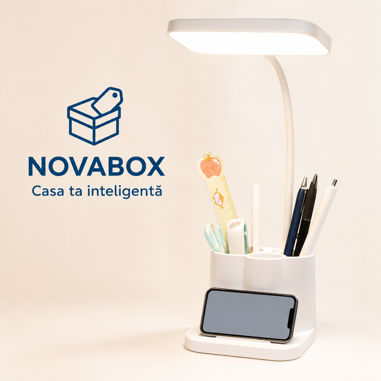 Lampă LED de birou NovaBox cu organizator, suport pentru telefon, lumină reglabilă și baterie reîncărcabilă 4000 mAh