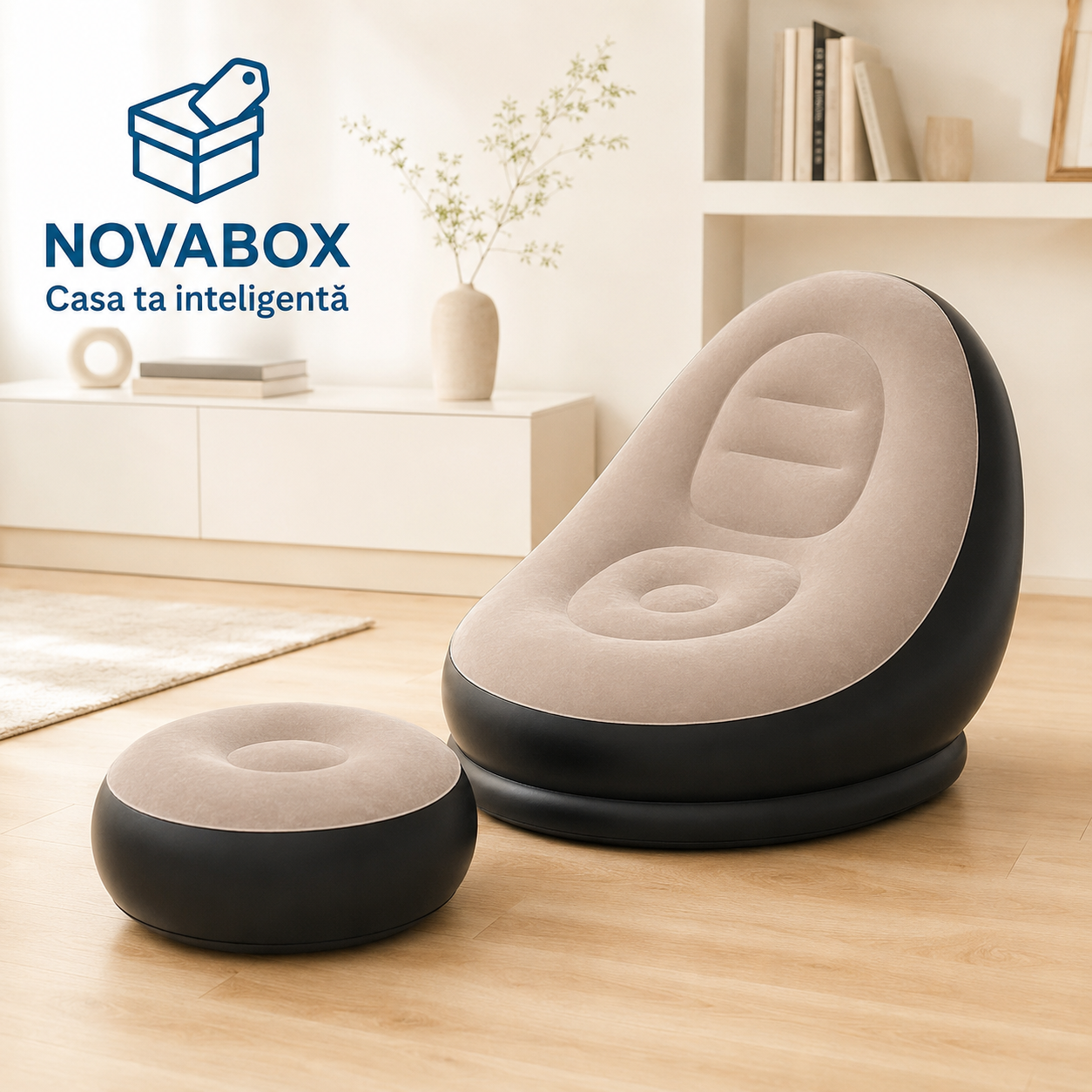 Fotoliu gonflabil NovaBox cu taburet pentru picioare, suprafață moale, set pentru relaxare, Negru și Bej