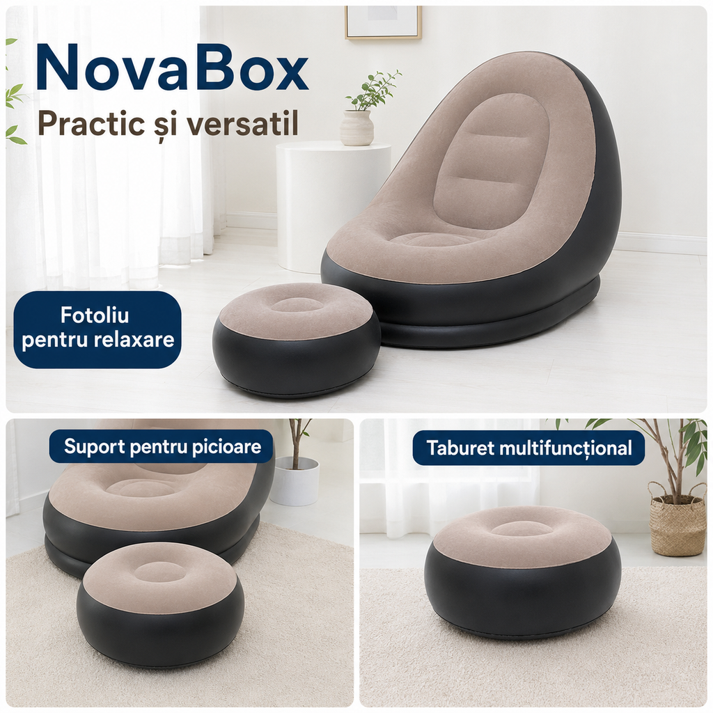 Fotoliu gonflabil NovaBox cu taburet pentru picioare, suprafață moale, set pentru relaxare, Negru și Bej