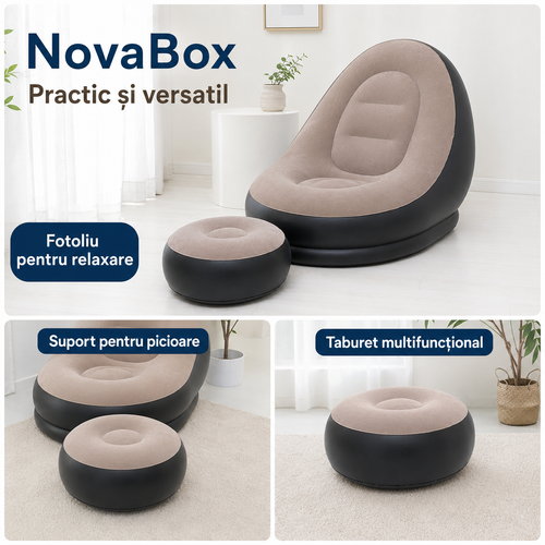 Fotoliu gonflabil NovaBox cu taburet pentru picioare, suprafață moale, set pentru relaxare, Negru și Bej