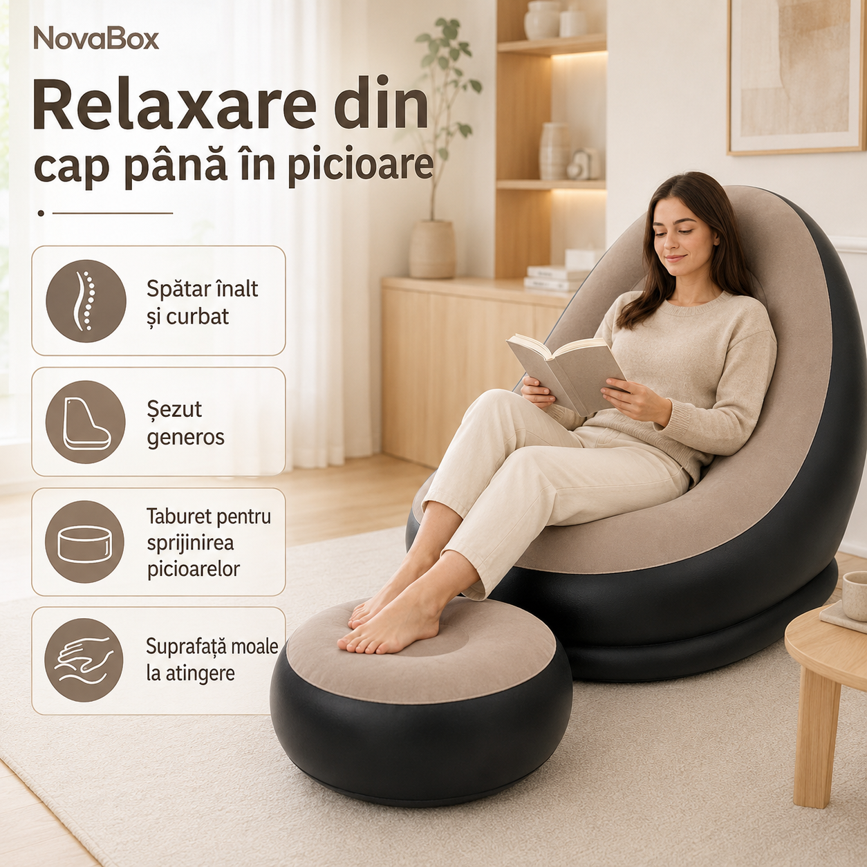 Fotoliu gonflabil NovaBox cu taburet pentru picioare, suprafață moale, set pentru relaxare, Negru și Bej