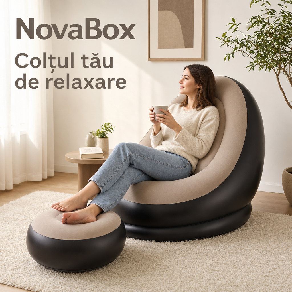 Fotoliu gonflabil NovaBox cu taburet pentru picioare, suprafață moale, set pentru relaxare, Negru și Bej