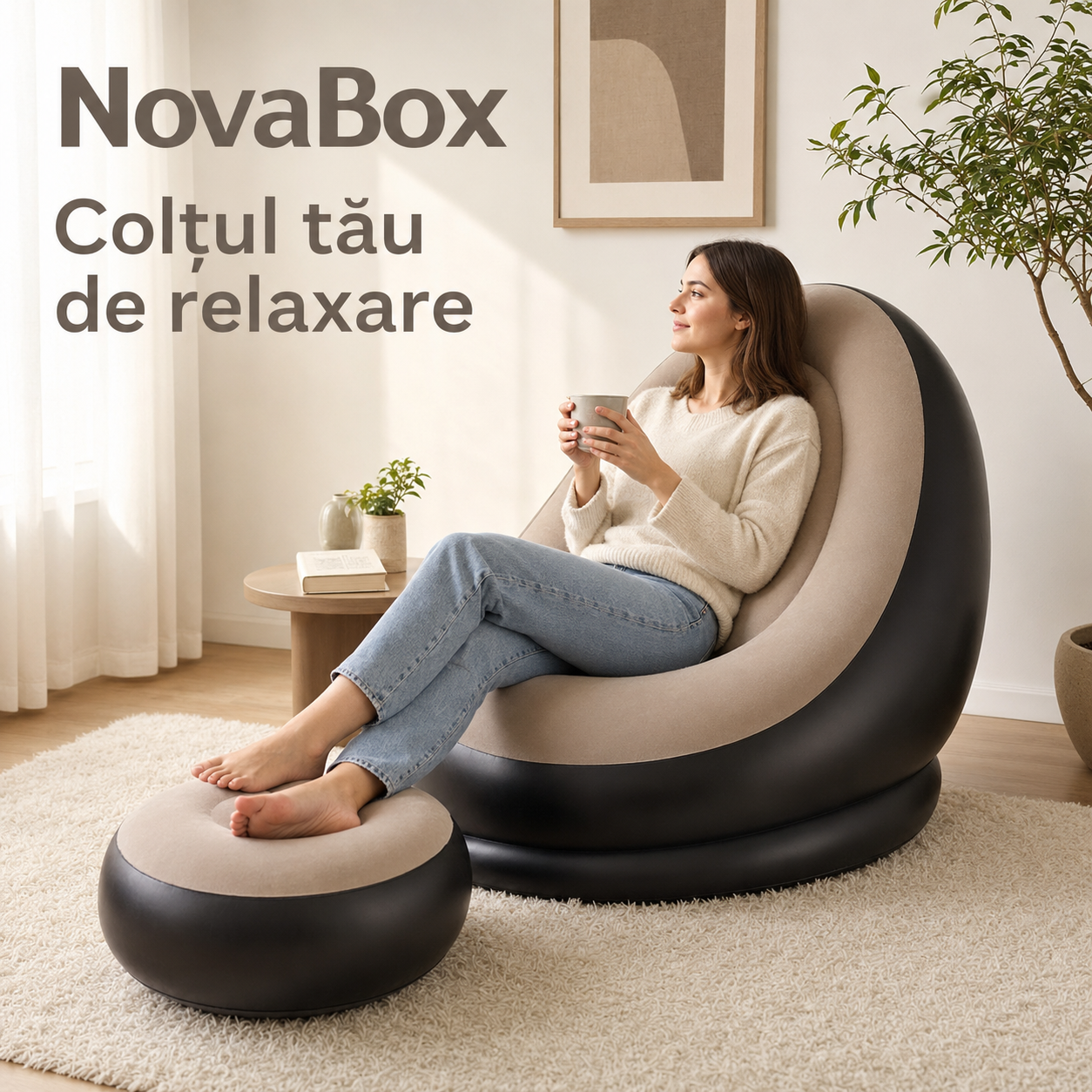 Fotoliu gonflabil NovaBox cu taburet pentru picioare, suprafață moale, set pentru relaxare, Negru și Bej