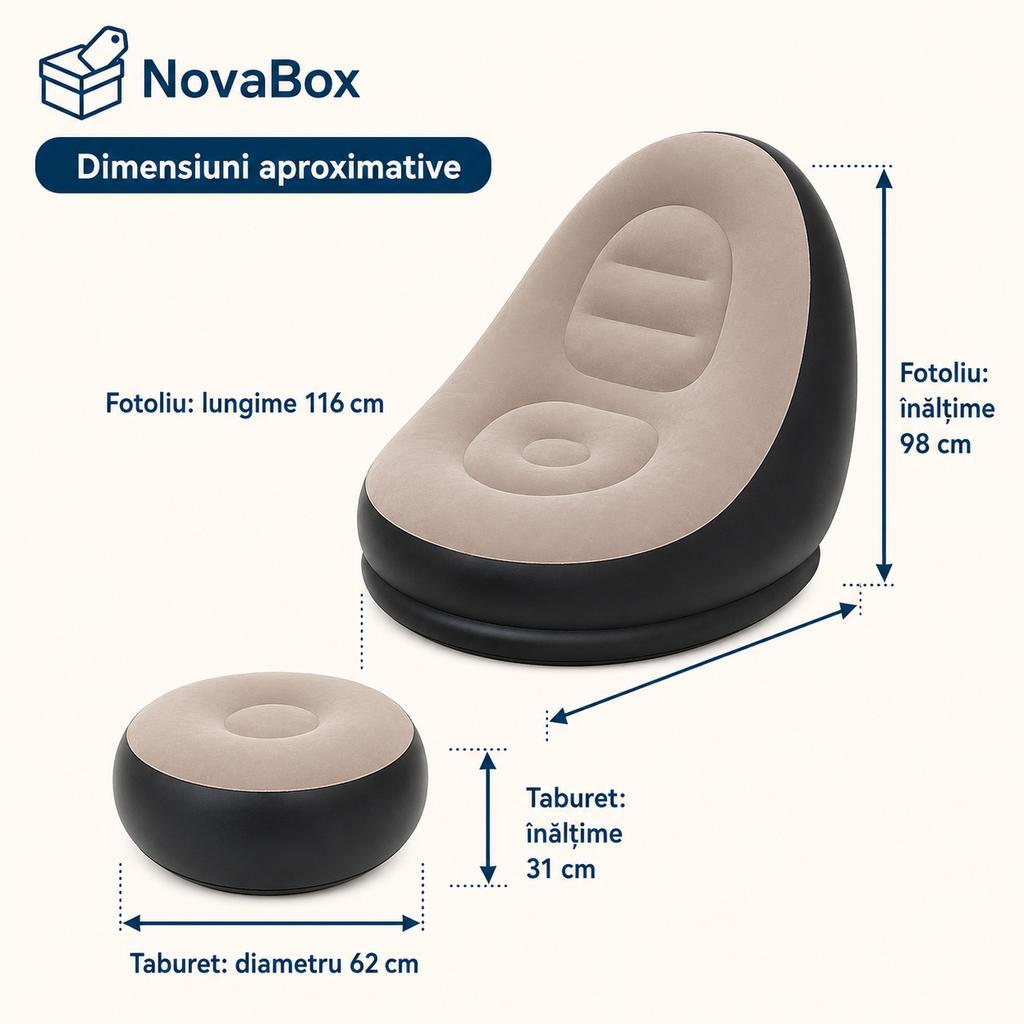 Fotoliu gonflabil NovaBox cu taburet pentru picioare, suprafață moale, set pentru relaxare, Negru și Bej