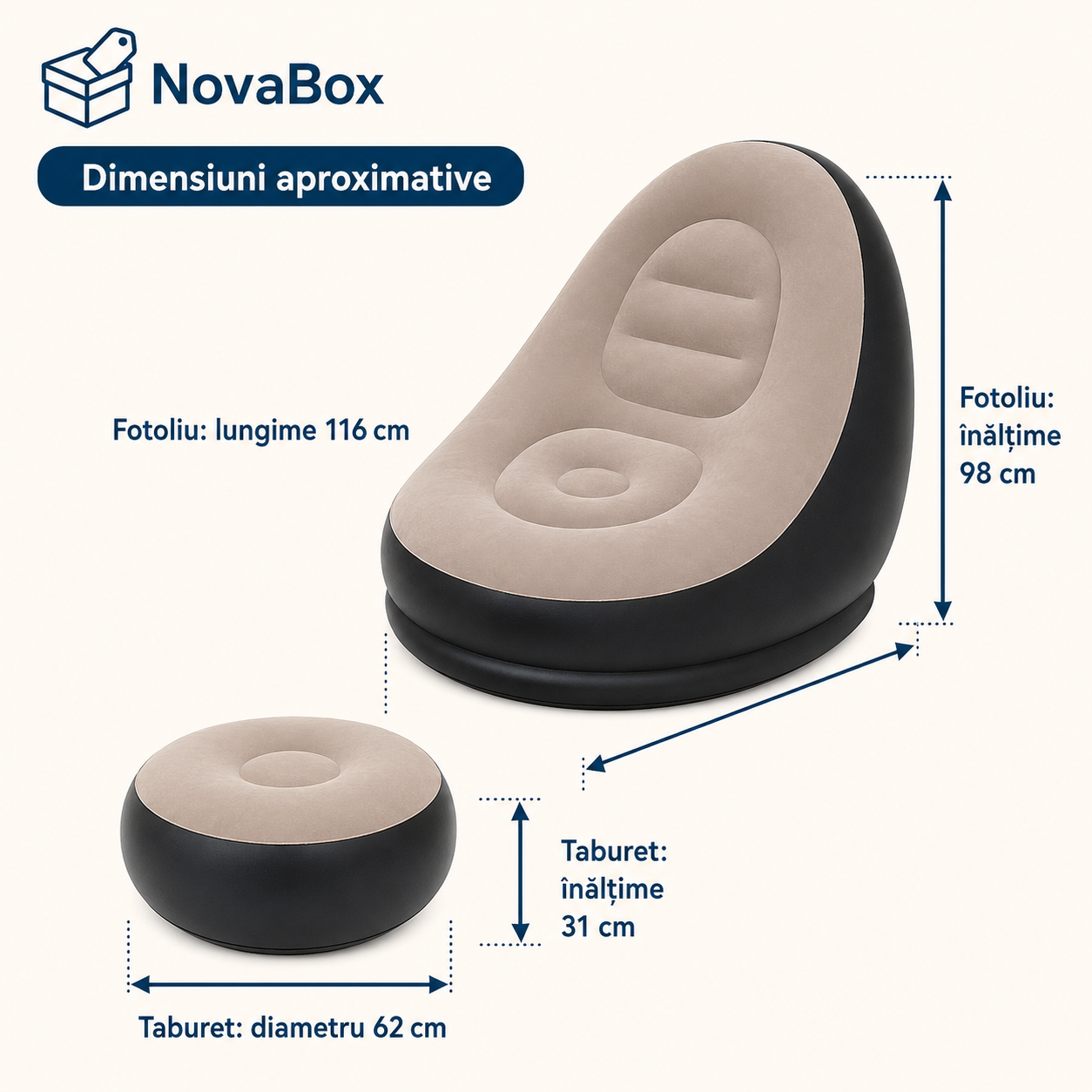 Fotoliu gonflabil NovaBox cu taburet pentru picioare, suprafață moale, set pentru relaxare, Negru și Bej