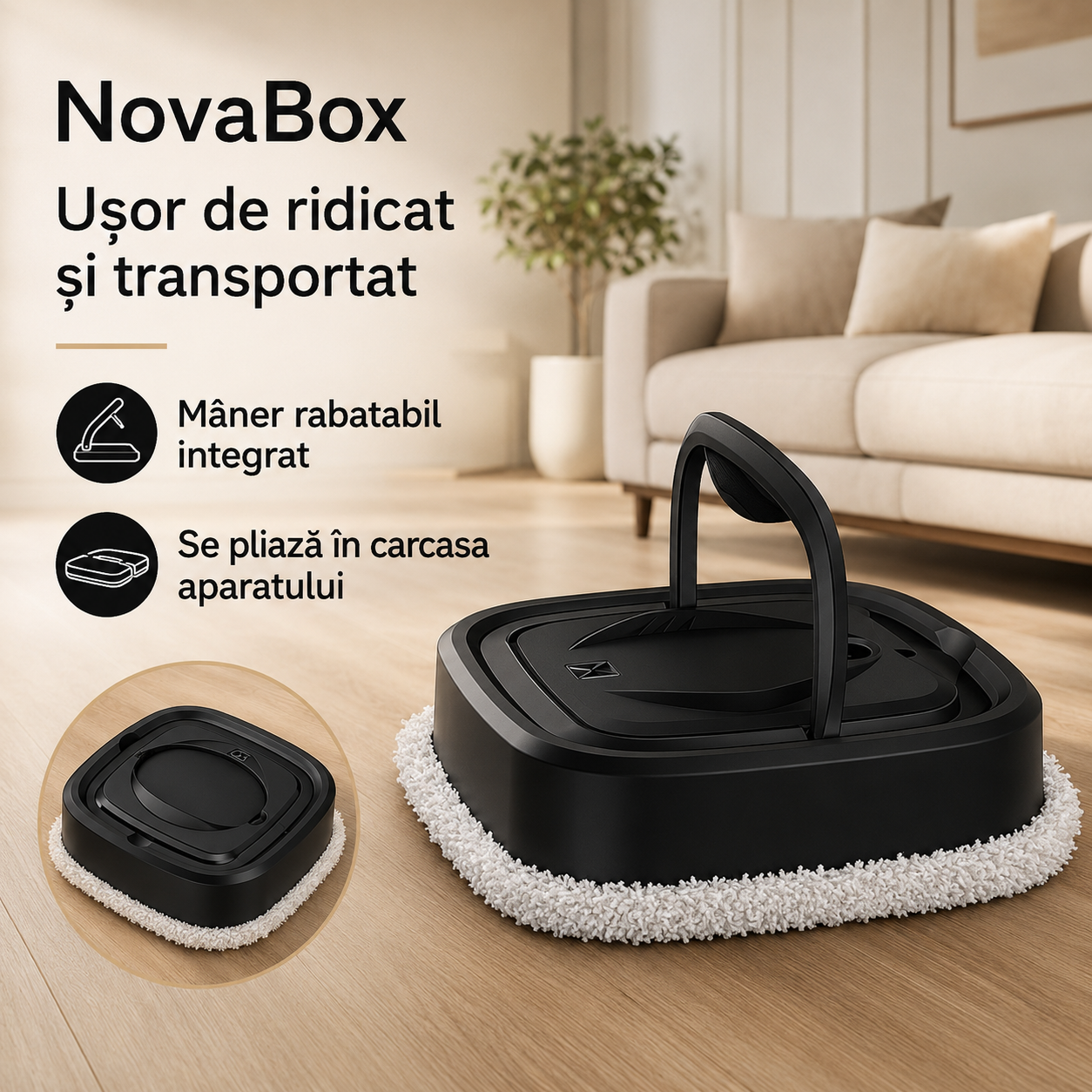 Aparat automat NovaBox pentru ștergerea pardoselilor, curățare umedă și uscată, funcție de pulverizare, lavetă din microfibră