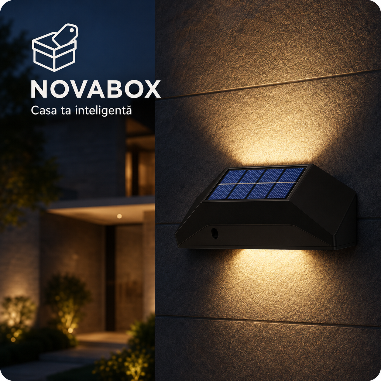 Aplică solară LED NovaBox pentru exterior, 6 LED-uri, iluminare sus-jos, baterie 600 mAh, protecție IP65, Neagră