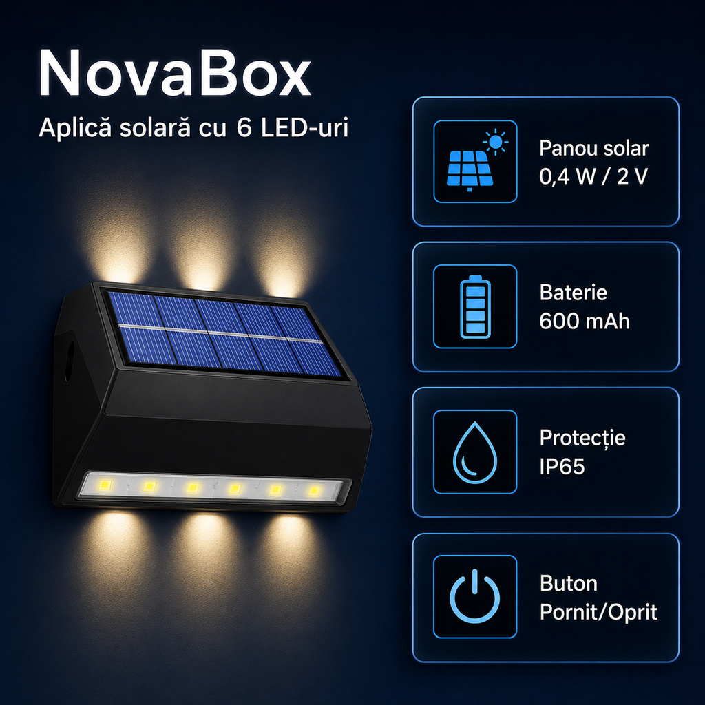 Aplică solară LED NovaBox pentru exterior, 6 LED-uri, iluminare sus-jos, baterie 600 mAh, protecție IP65, Neagră