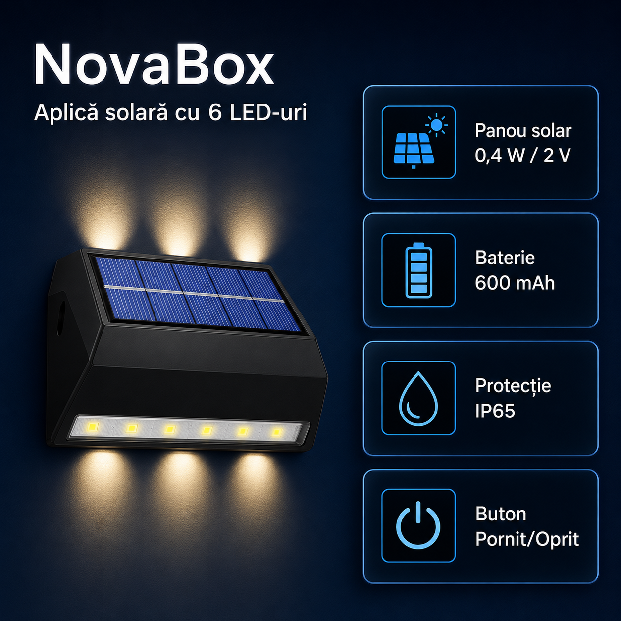 Aplică solară LED NovaBox pentru exterior, 6 LED-uri, iluminare sus-jos, baterie 600 mAh, protecție IP65, Neagră