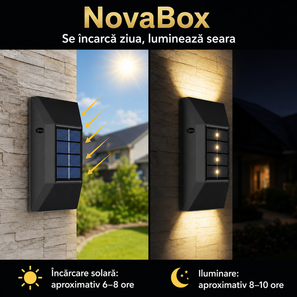 Aplică solară LED NovaBox pentru exterior, 6 LED-uri, iluminare sus-jos, baterie 600 mAh, protecție IP65, Neagră