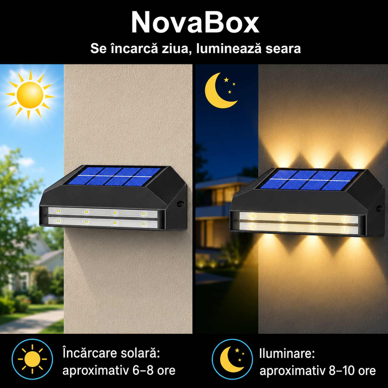 Aplică solară LED NovaBox pentru exterior, 6 LED-uri, iluminare sus-jos, baterie 600 mAh, protecție IP65, Neagră