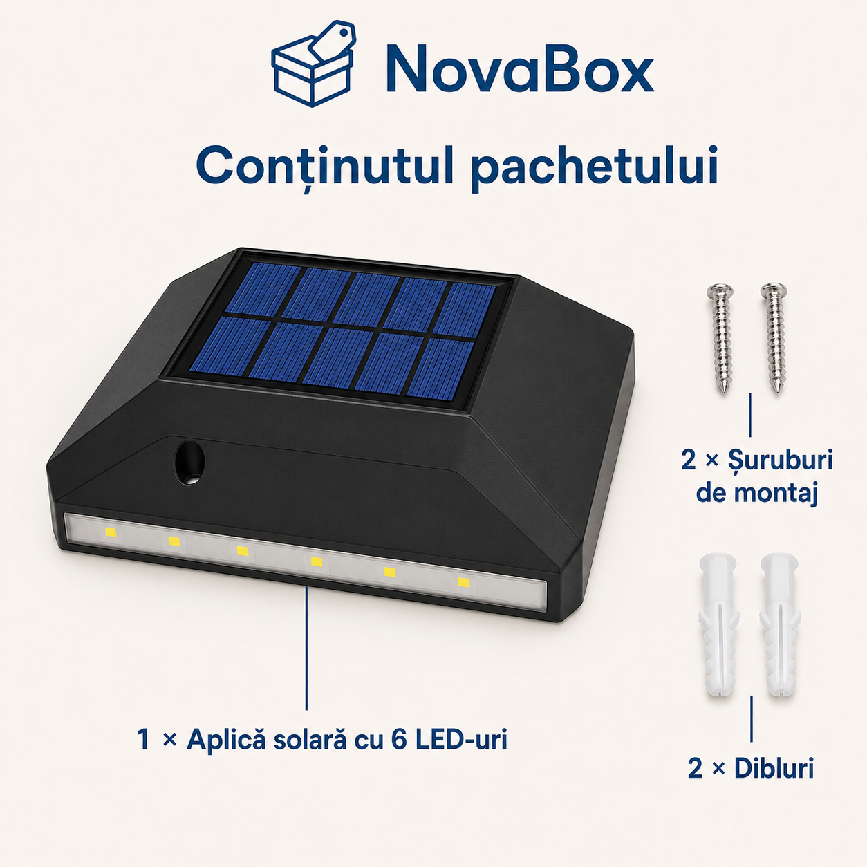 Aplică solară LED NovaBox pentru exterior, 6 LED-uri, iluminare sus-jos, baterie 600 mAh, protecție IP65, Neagră