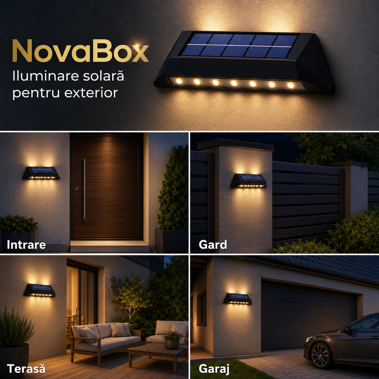 Aplică solară LED NovaBox pentru exterior, 6 LED-uri, iluminare sus-jos, baterie 600 mAh, protecție IP65, Neagră