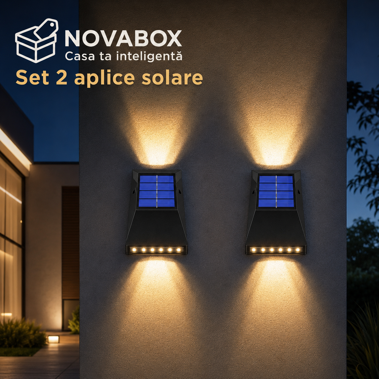 Set 2 Aplice Solare LED NovaBox pentru Exterior, 12 LED-uri/aplică, Iluminare Sus-Jos, Baterie 600 mAh, IP65, Negru