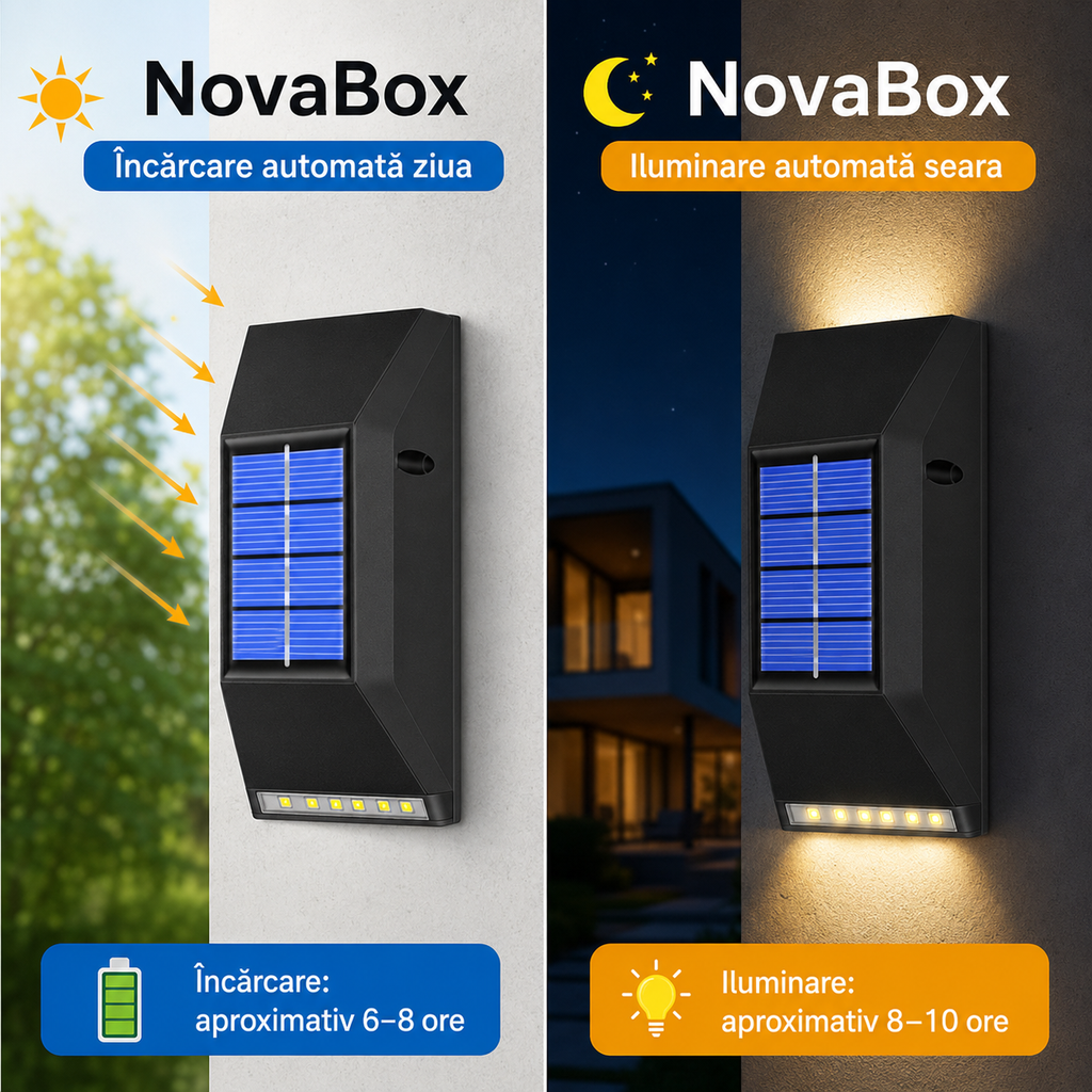 Set 2 Aplice Solare LED NovaBox pentru Exterior, 12 LED-uri/aplică, Iluminare Sus-Jos, Baterie 600 mAh, IP65, Negru