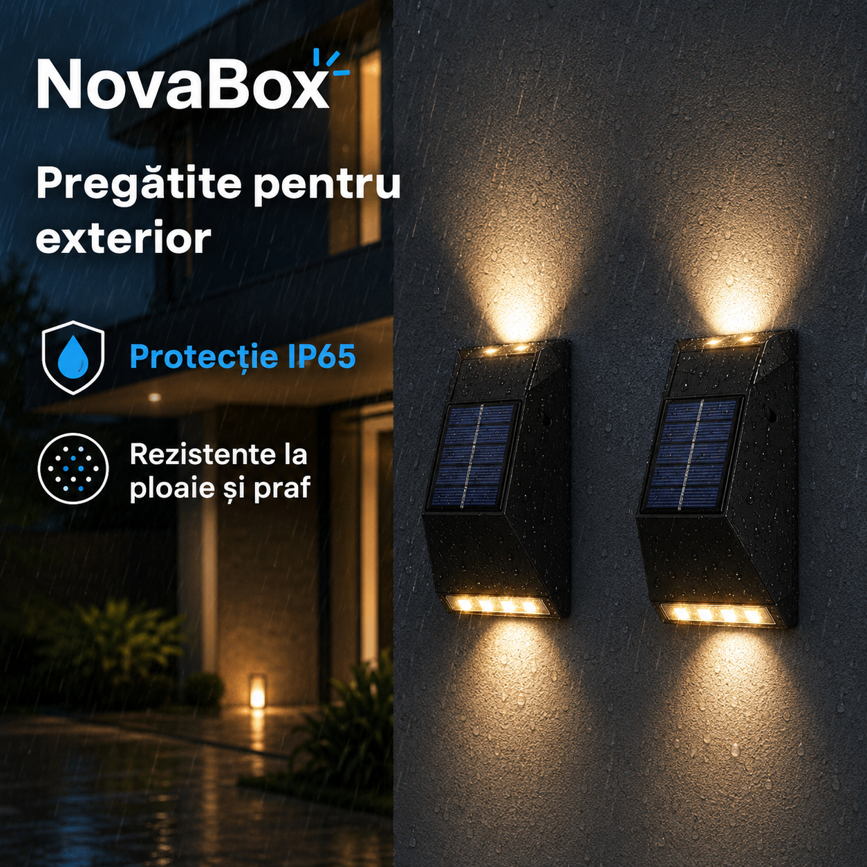 Set 2 Aplice Solare LED NovaBox pentru Exterior, 12 LED-uri/aplică, Iluminare Sus-Jos, Baterie 600 mAh, IP65, Negru