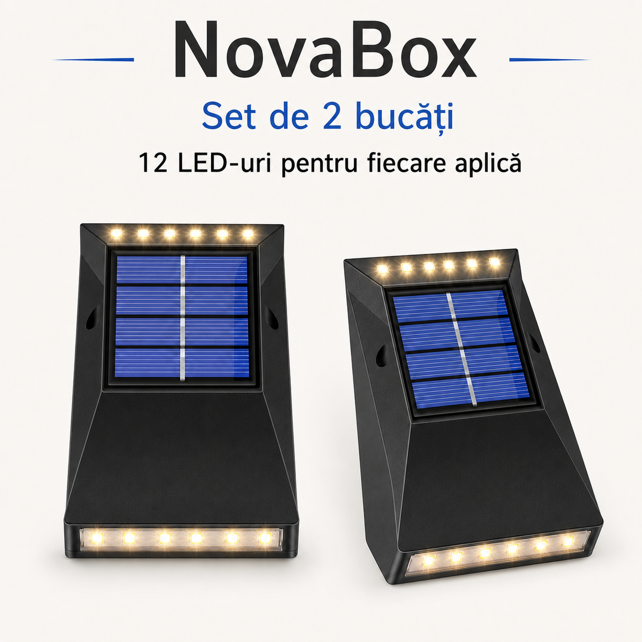 Set 2 Aplice Solare LED NovaBox pentru Exterior, 12 LED-uri/aplică, Iluminare Sus-Jos, Baterie 600 mAh, IP65, Negru