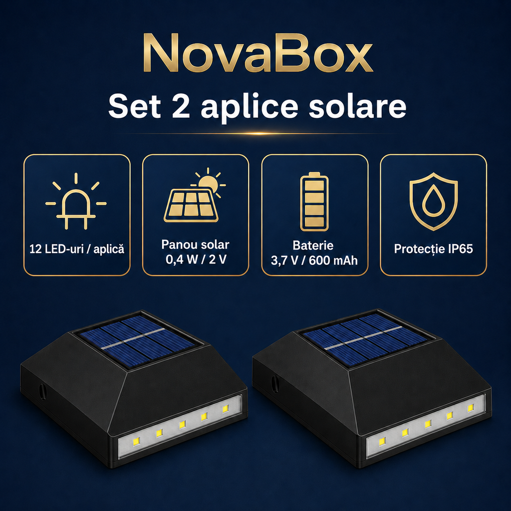 Set 2 Aplice Solare LED NovaBox pentru Exterior, 12 LED-uri/aplică, Iluminare Sus-Jos, Baterie 600 mAh, IP65, Negru