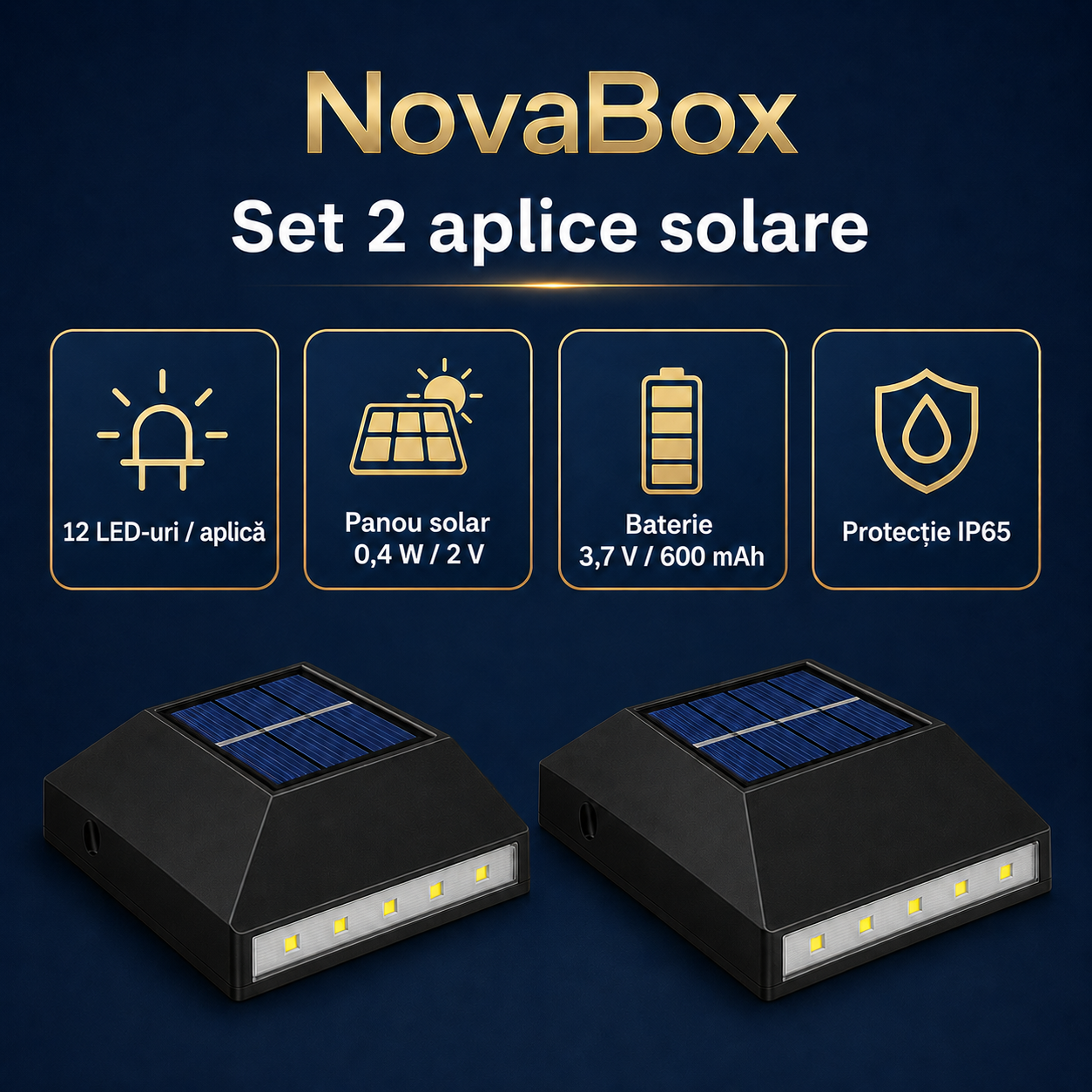 Set 2 Aplice Solare LED NovaBox pentru Exterior, 12 LED-uri/aplică, Iluminare Sus-Jos, Baterie 600 mAh, IP65, Negru
