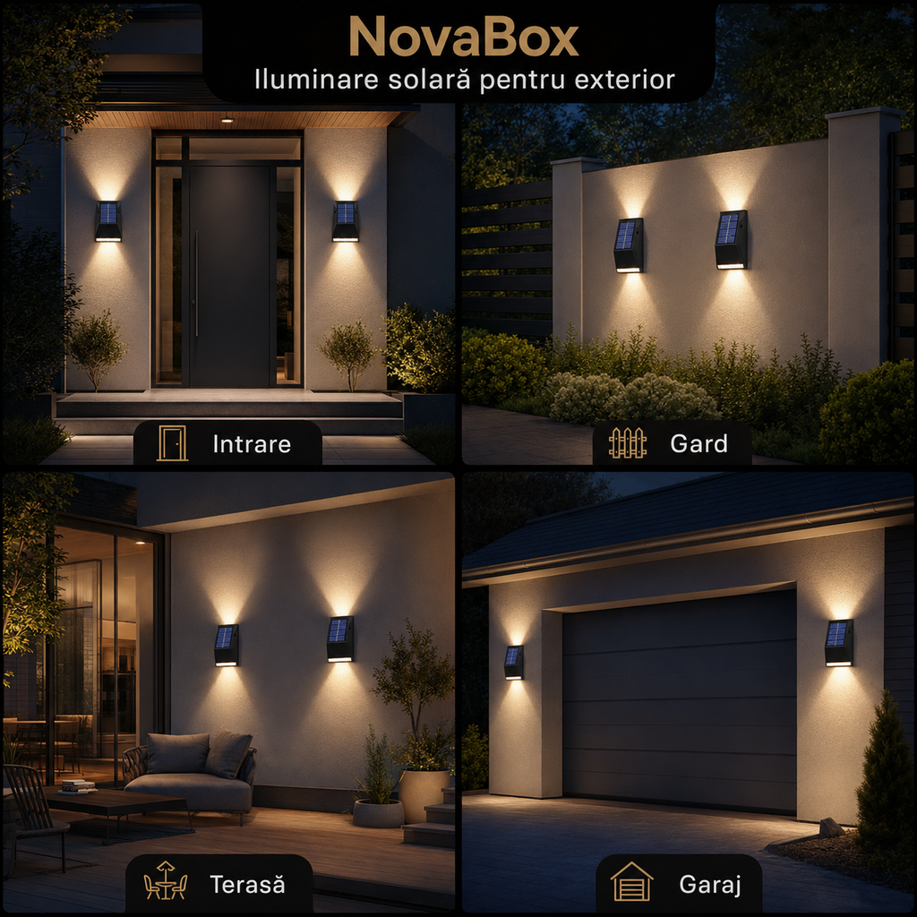 Set 2 Aplice Solare LED NovaBox pentru Exterior, 12 LED-uri/aplică, Iluminare Sus-Jos, Baterie 600 mAh, IP65, Negru