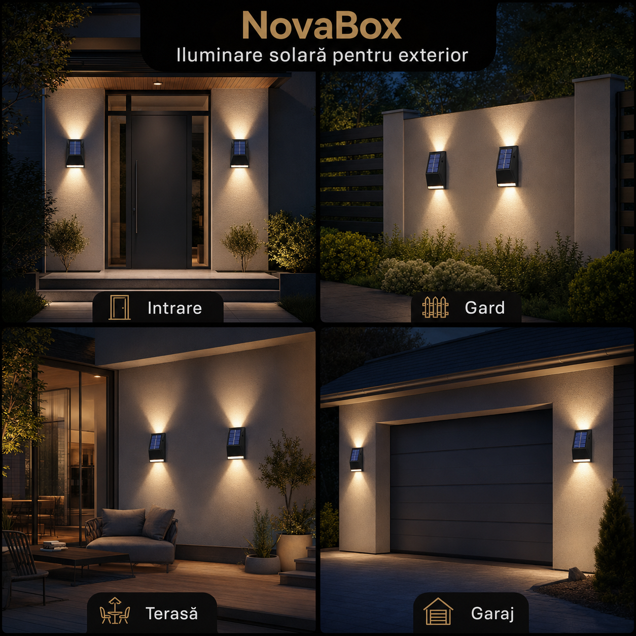 Set 2 Aplice Solare LED NovaBox pentru Exterior, 12 LED-uri/aplică, Iluminare Sus-Jos, Baterie 600 mAh, IP65, Negru
