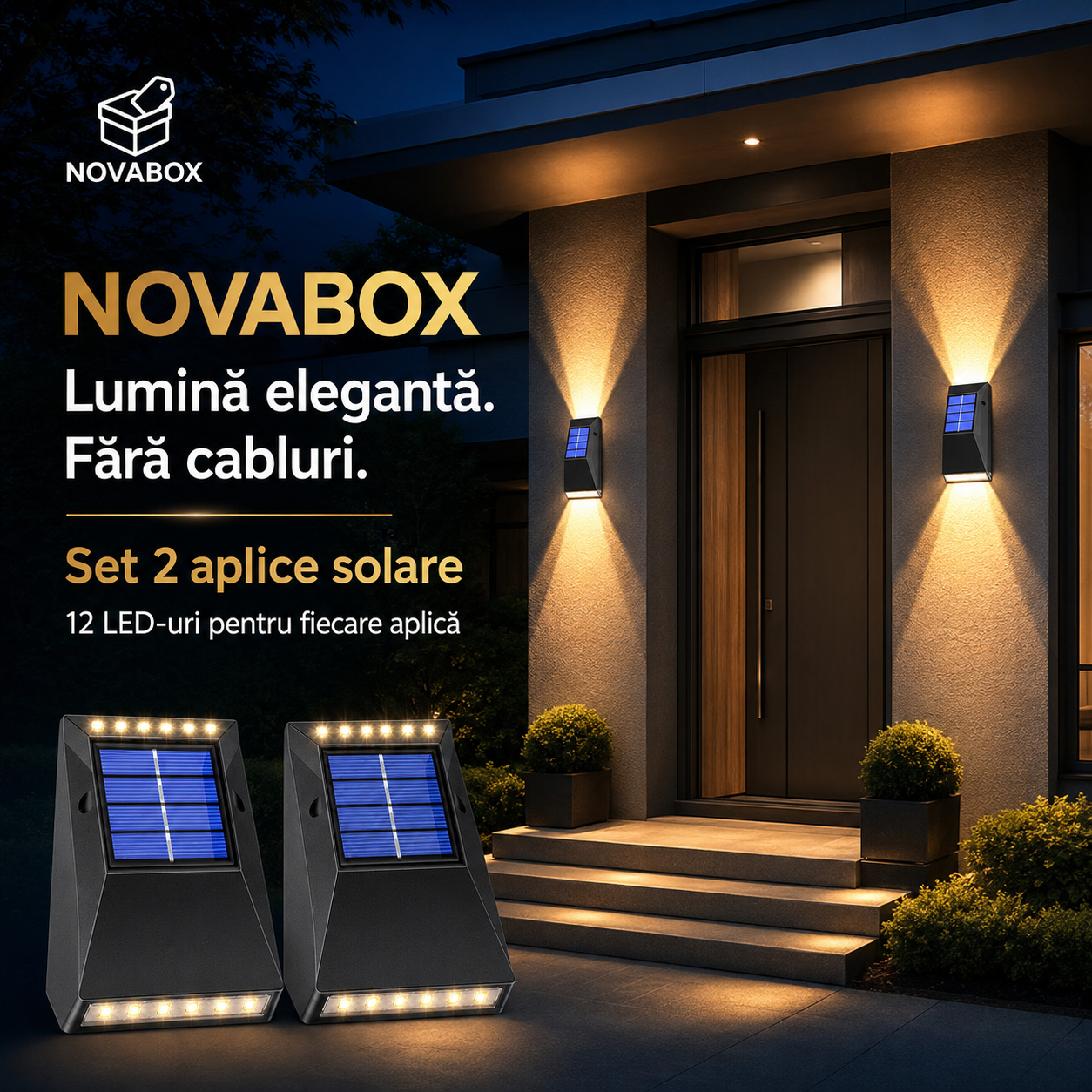 Set 2 Aplice Solare LED NovaBox pentru Exterior, 12 LED-uri/aplică, Iluminare Sus-Jos, Baterie 600 mAh, IP65, Negru