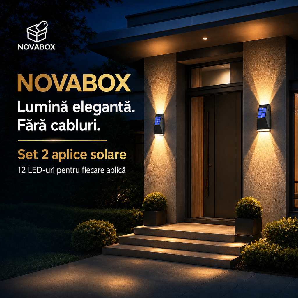 Set 2 Aplice Solare LED NovaBox pentru Exterior, 12 LED-uri/aplică, Iluminare Sus-Jos, Baterie 600 mAh, IP65, Negru