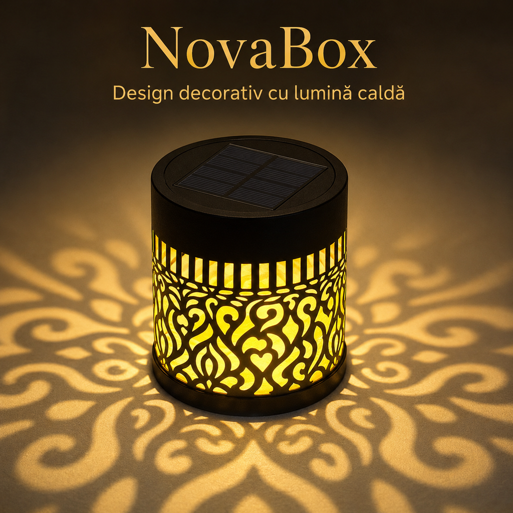 Lampă Solară Decorativă NovaBox Mandala, 3 W, Lumină Caldă cu Proiecție, Aprindere Automată, Corp Metalic Negru