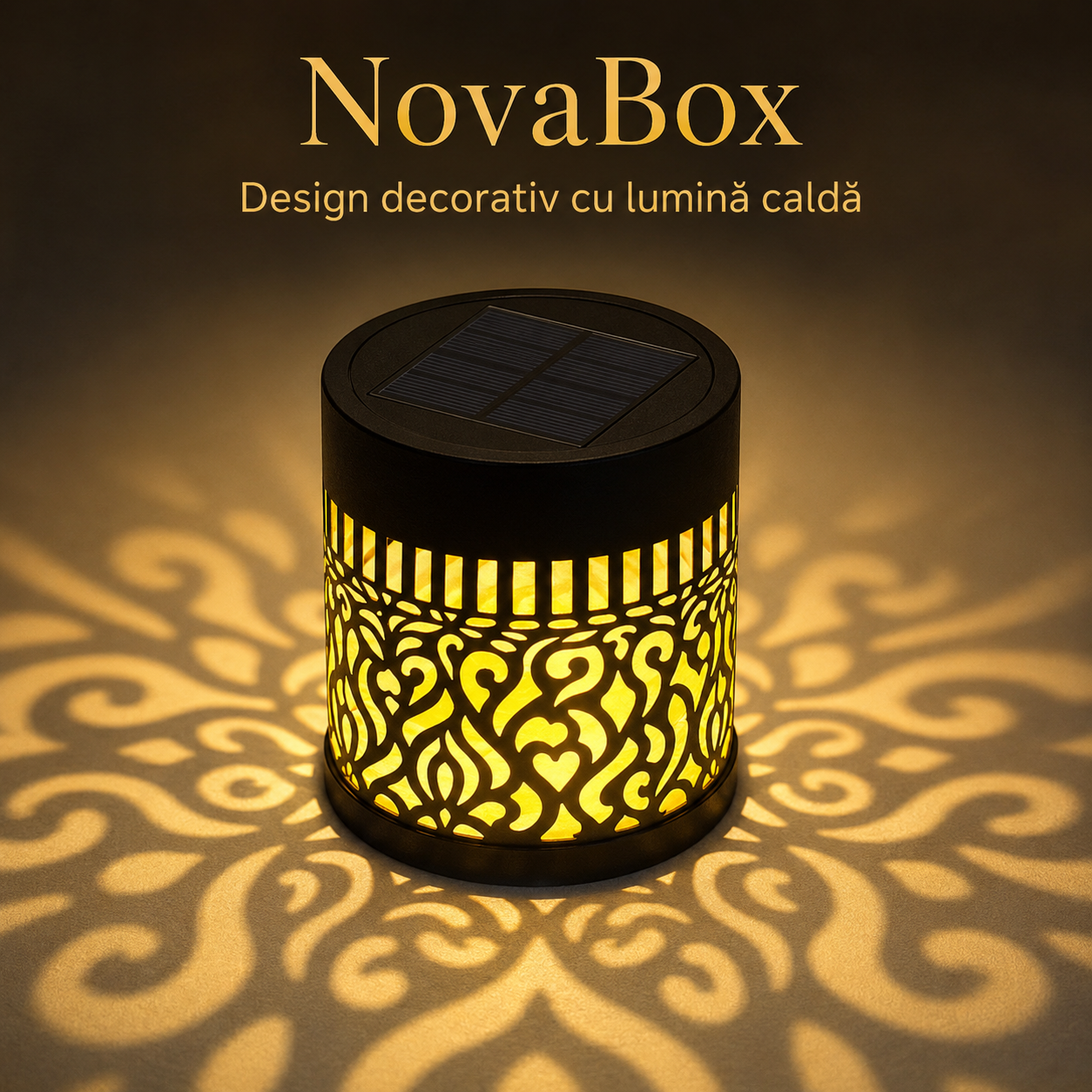 Lampă Solară Decorativă NovaBox Mandala, 3 W, Lumină Caldă cu Proiecție, Aprindere Automată, Corp Metalic Negru