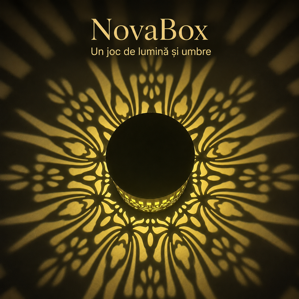 Lampă Solară Decorativă NovaBox Mandala, 3 W, Lumină Caldă cu Proiecție, Aprindere Automată, Corp Metalic Negru