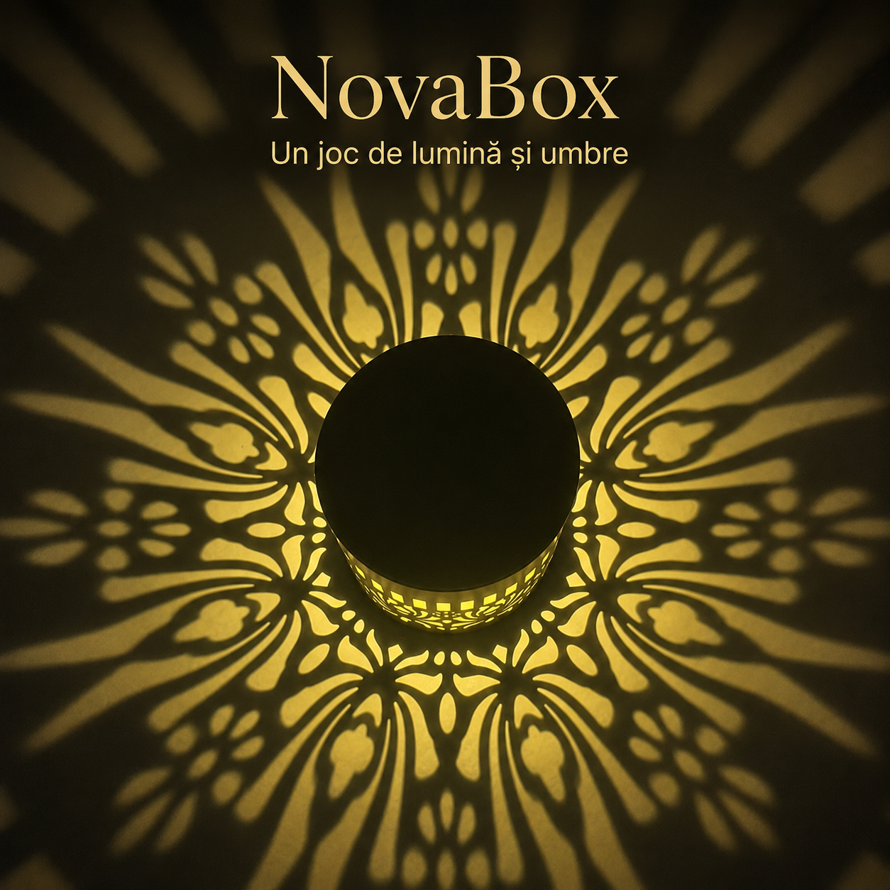 Lampă Solară Decorativă NovaBox Mandala, 3 W, Lumină Caldă cu Proiecție, Aprindere Automată, Corp Metalic Negru