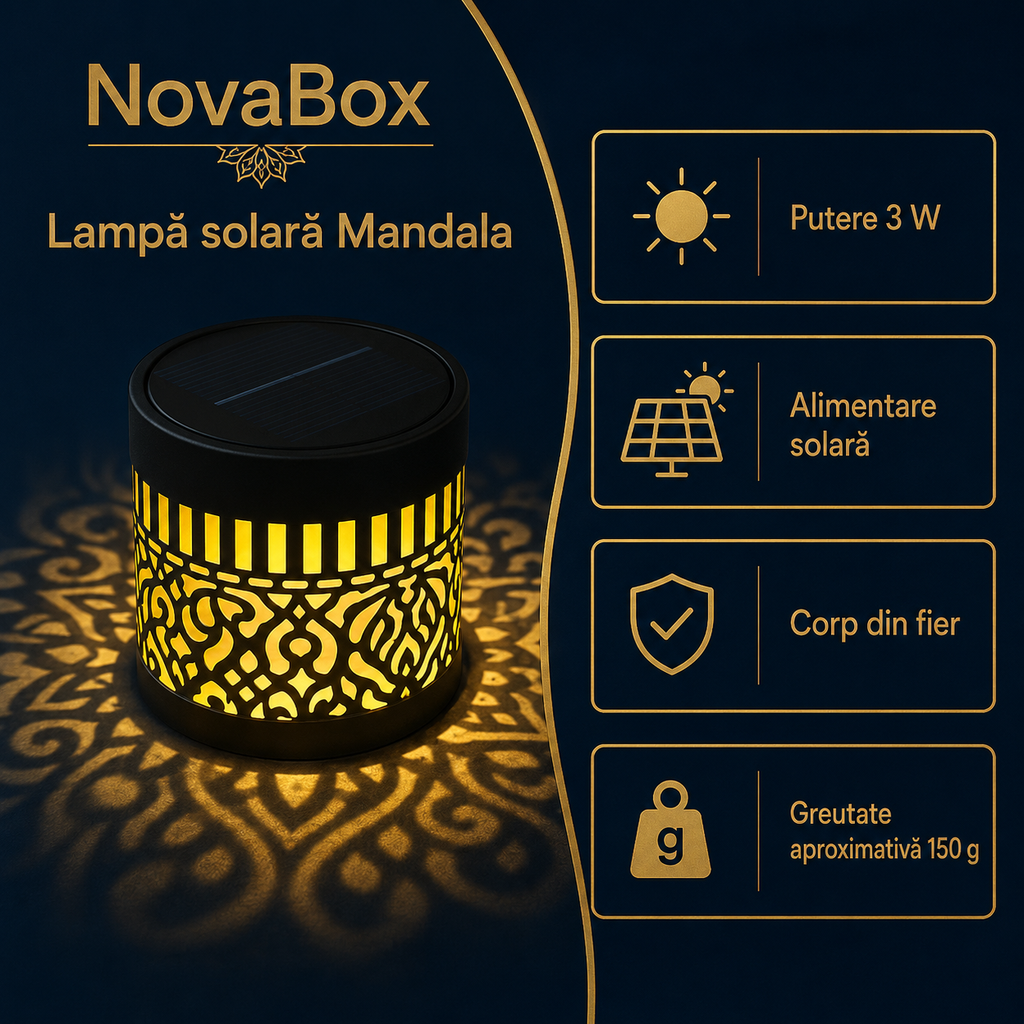 Lampă Solară Decorativă NovaBox Mandala, 3 W, Lumină Caldă cu Proiecție, Aprindere Automată, Corp Metalic Negru