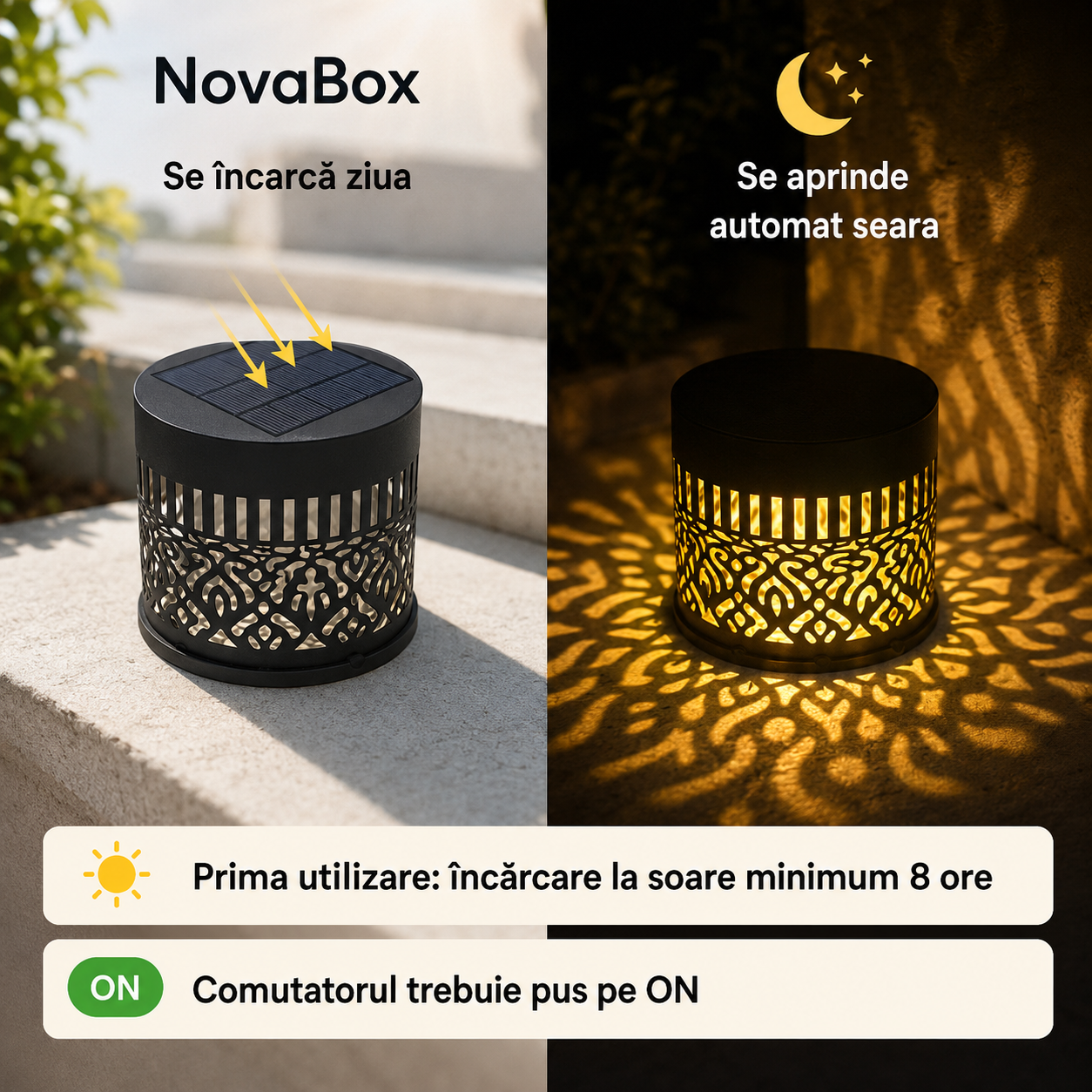 Lampă Solară Decorativă NovaBox Mandala, 3 W, Lumină Caldă cu Proiecție, Aprindere Automată, Corp Metalic Negru