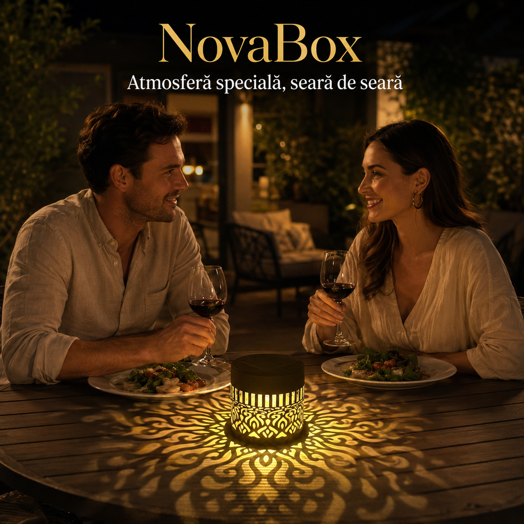 Lampă Solară Decorativă NovaBox Mandala, 3 W, Lumină Caldă cu Proiecție, Aprindere Automată, Corp Metalic Negru