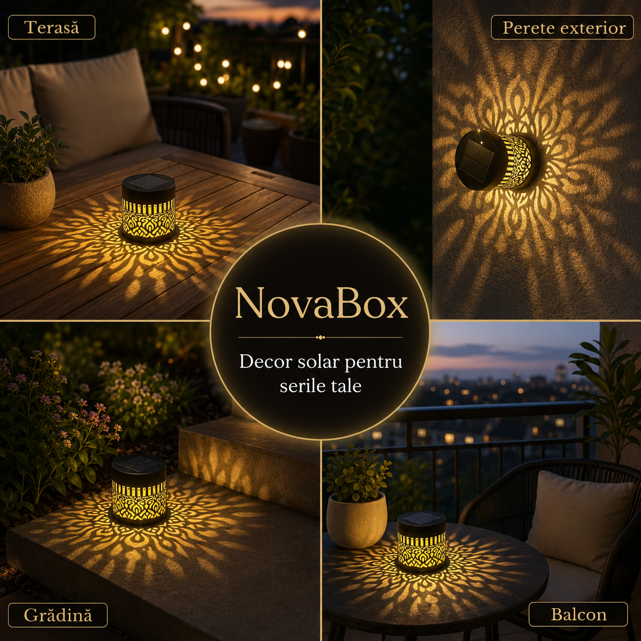 Lampă Solară Decorativă NovaBox Mandala, 3 W, Lumină Caldă cu Proiecție, Aprindere Automată, Corp Metalic Negru