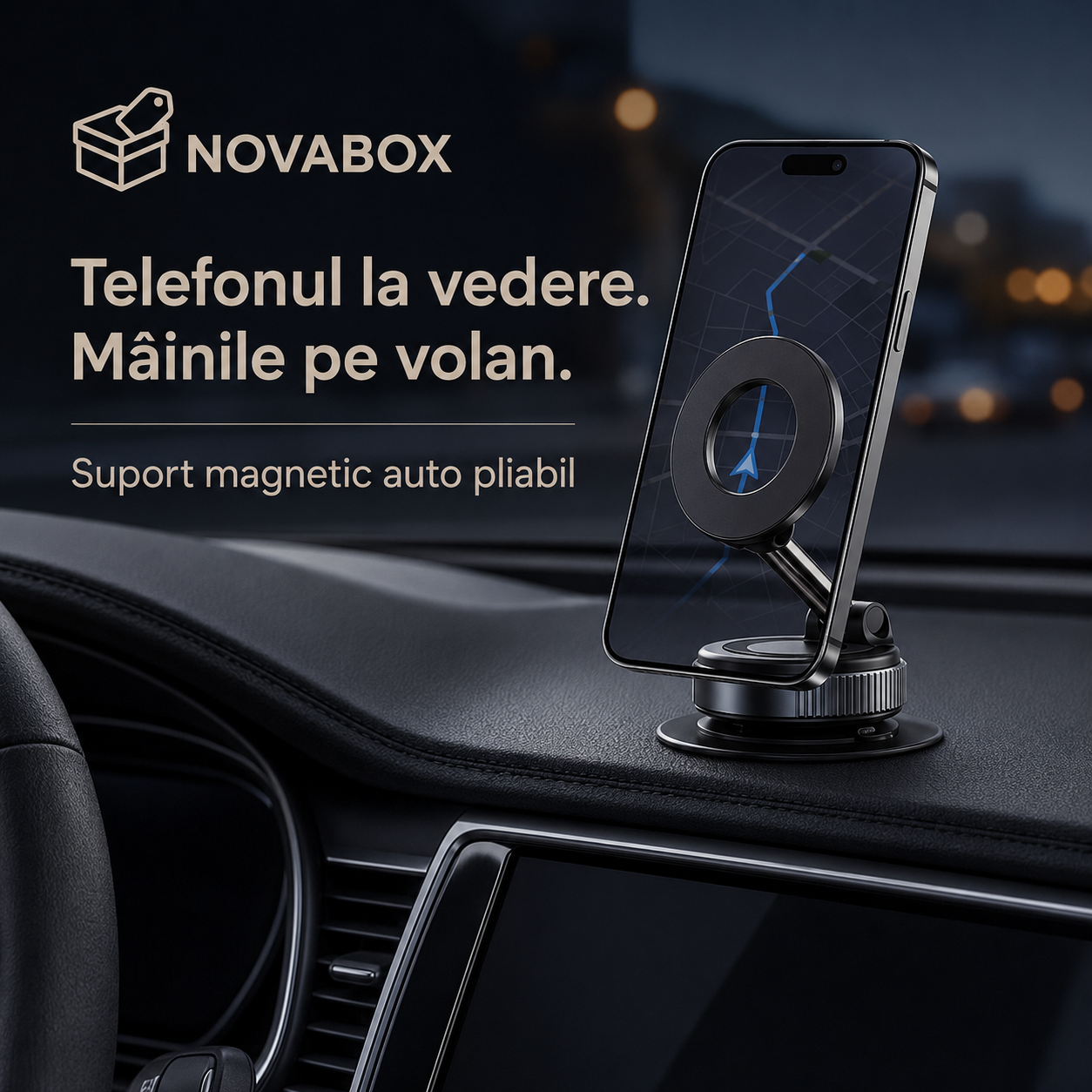 Suport Magnetic Auto pentru Telefon NovaBox – Pliabil, Reglabil și Rotativ, cu Fixare pe Bord