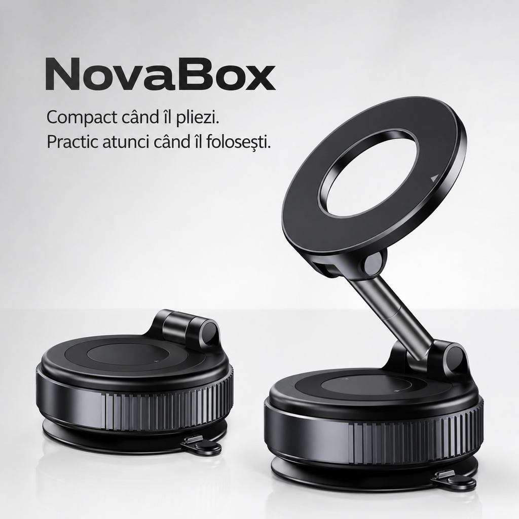 Suport Magnetic Auto pentru Telefon NovaBox – Pliabil, Reglabil și Rotativ, cu Fixare pe Bord