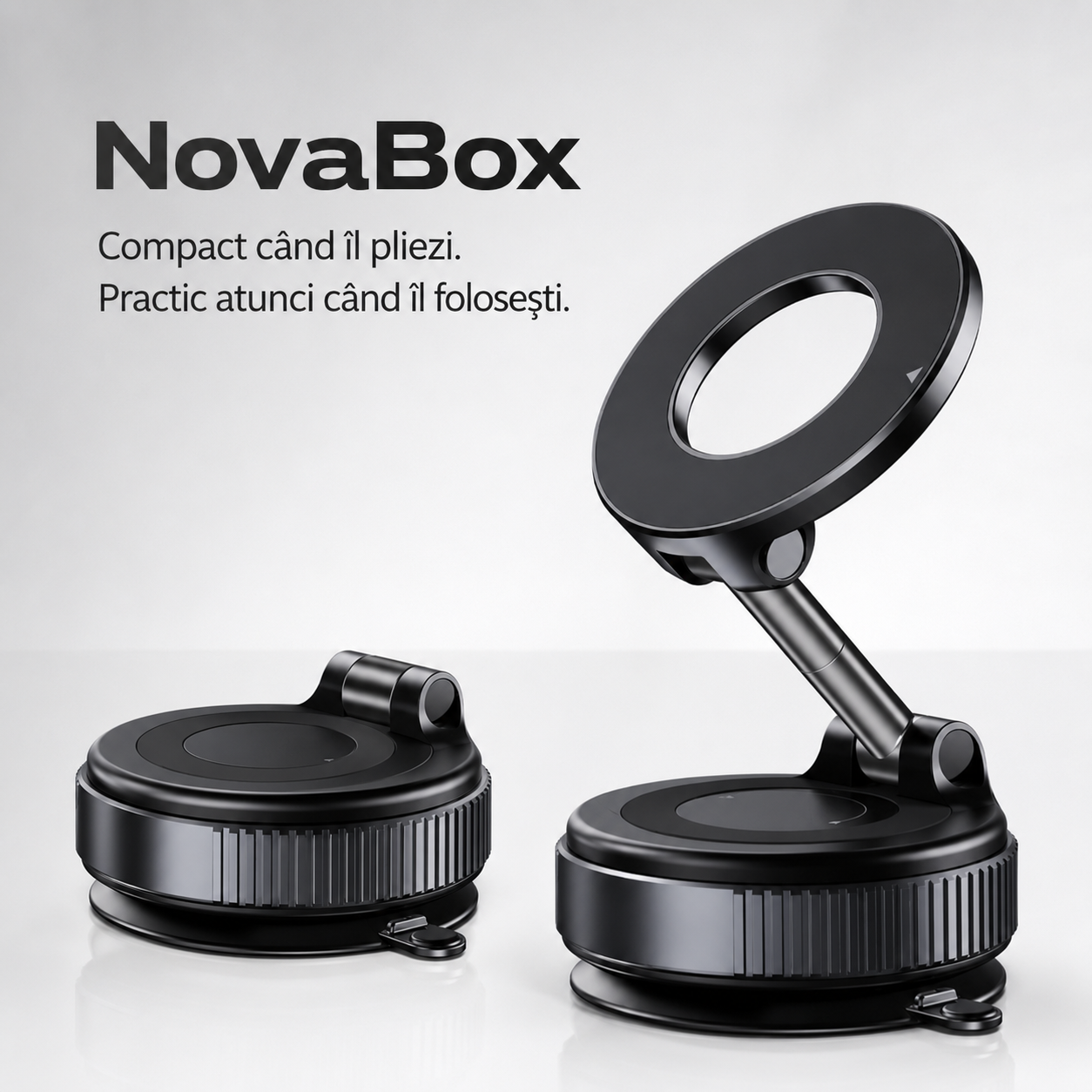 Suport Magnetic Auto pentru Telefon NovaBox – Pliabil, Reglabil și Rotativ, cu Fixare pe Bord