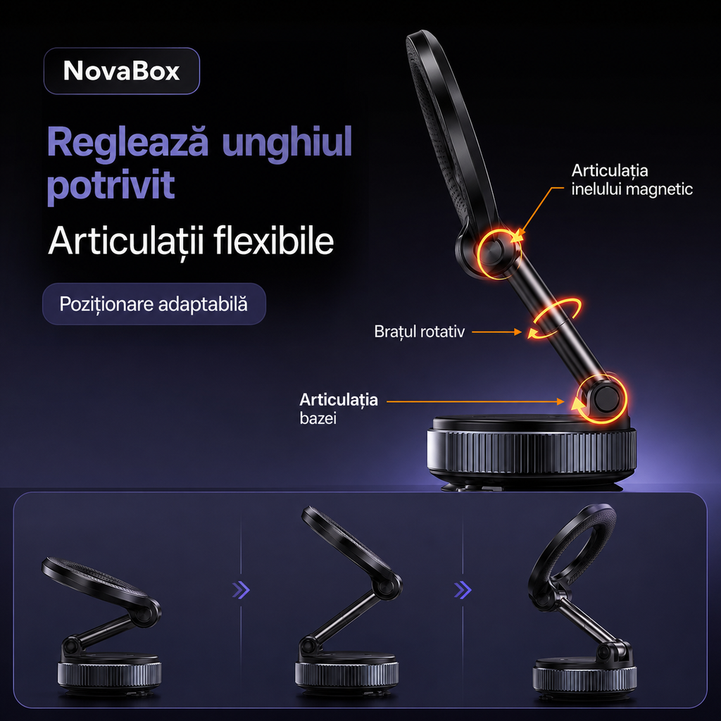 Suport Magnetic Auto pentru Telefon NovaBox – Pliabil, Reglabil și Rotativ, cu Fixare pe Bord