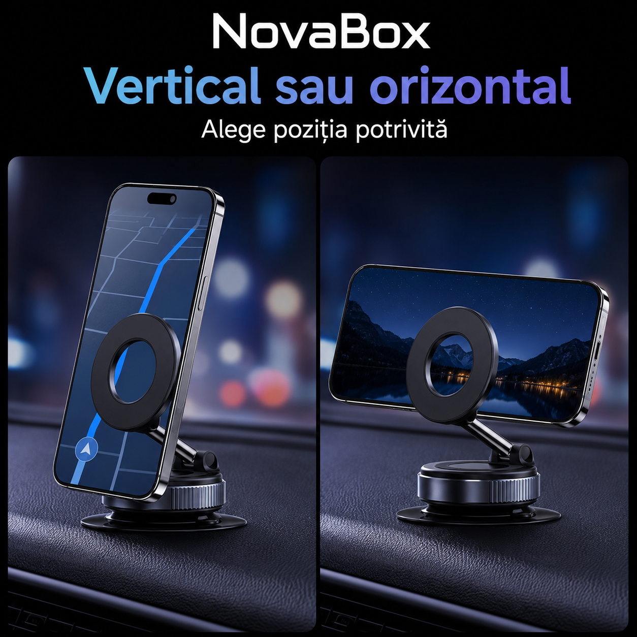 Suport Magnetic Auto pentru Telefon NovaBox – Pliabil, Reglabil și Rotativ, cu Fixare pe Bord