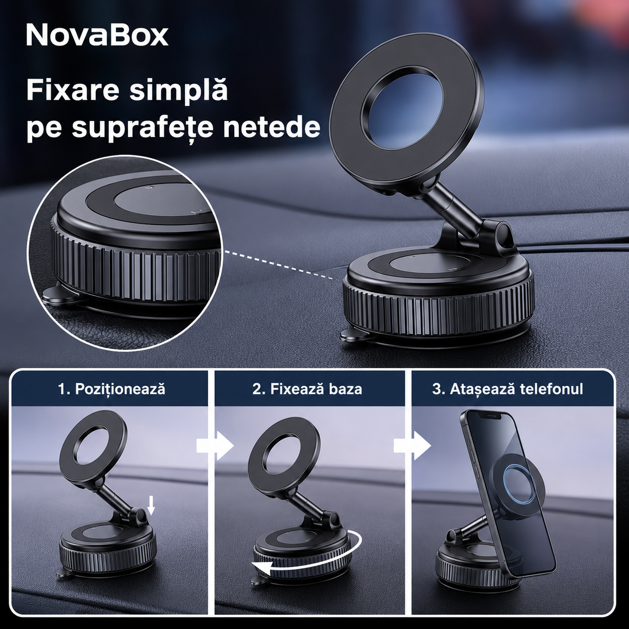Suport Magnetic Auto pentru Telefon NovaBox – Pliabil, Reglabil și Rotativ, cu Fixare pe Bord