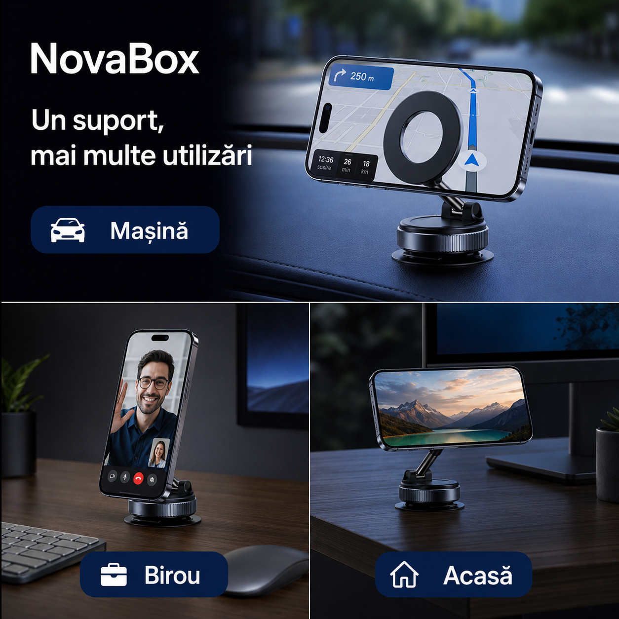 Suport Magnetic Auto pentru Telefon NovaBox – Pliabil, Reglabil și Rotativ, cu Fixare pe Bord