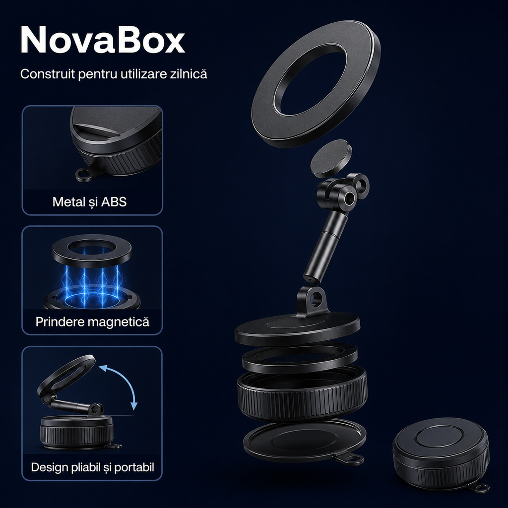 Suport Magnetic Auto pentru Telefon NovaBox – Pliabil, Reglabil și Rotativ, cu Fixare pe Bord
