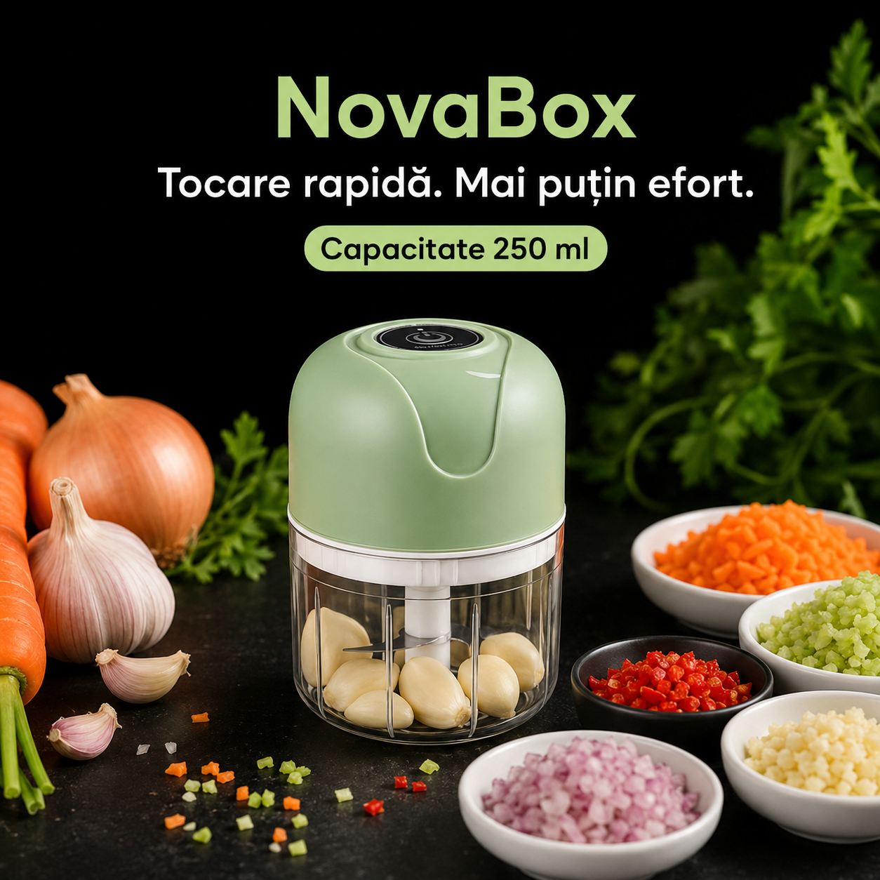 Mini Tocător Electric NovaBox 250 ml – Compact, cu Lame Metalice și Acționare prin Buton, Culoare Verde