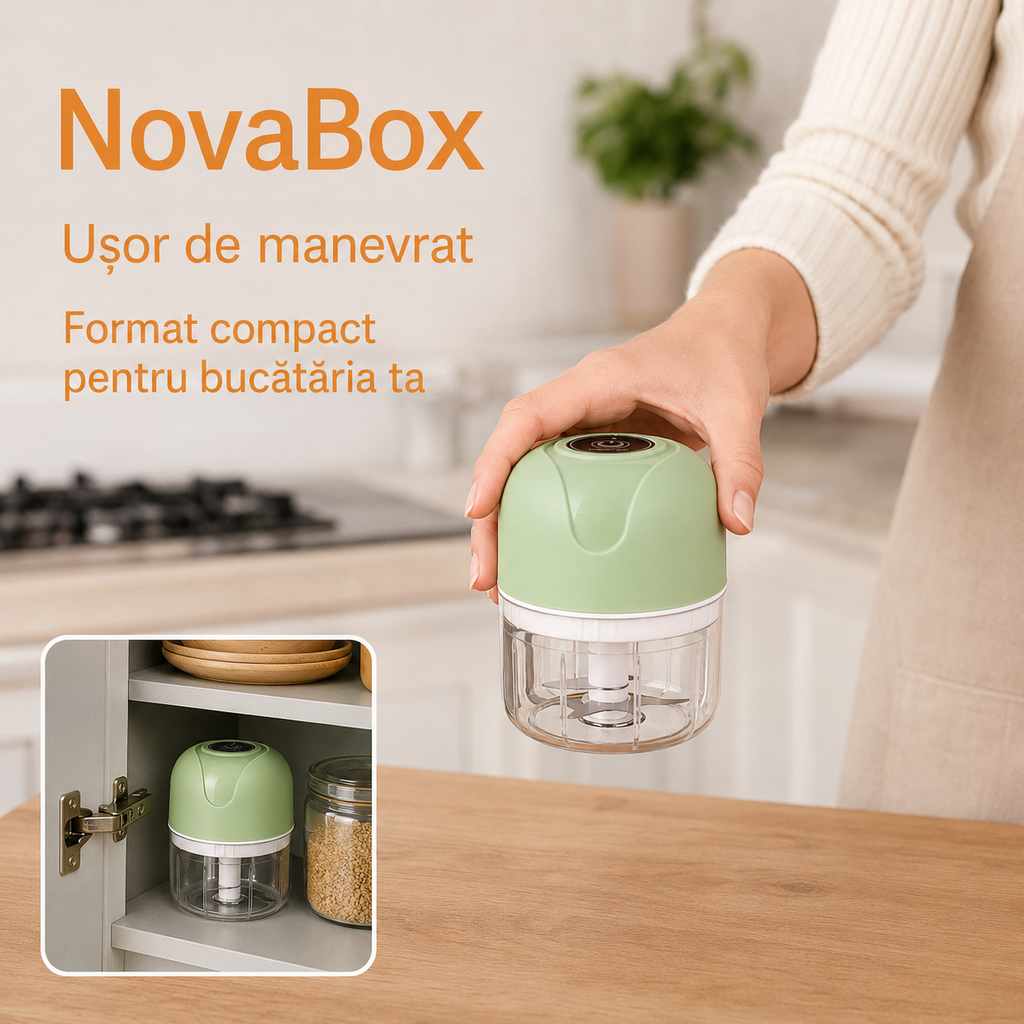 Mini Tocător Electric NovaBox 250 ml – Compact, cu Lame Metalice și Acționare prin Buton, Culoare Verde