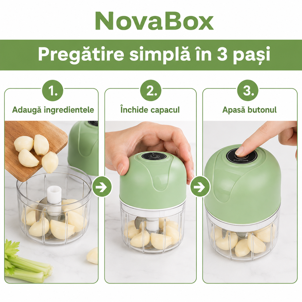 Mini Tocător Electric NovaBox 250 ml – Compact, cu Lame Metalice și Acționare prin Buton, Culoare Verde